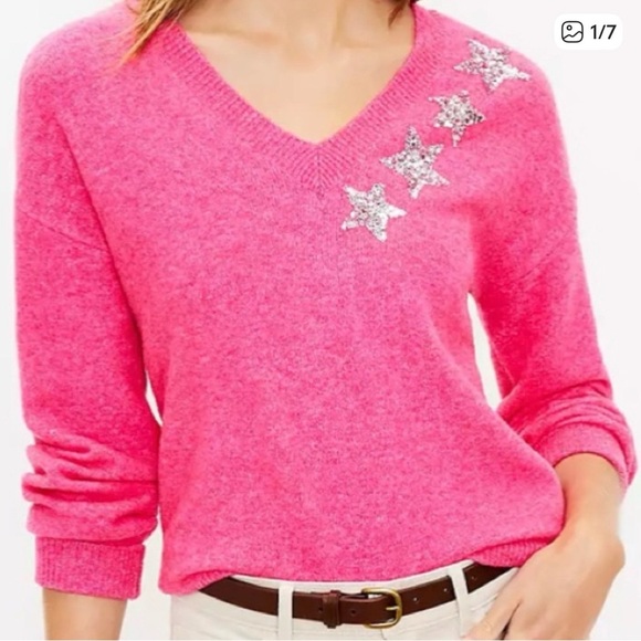 LOFT Sweaters - New LOFT Pink V-Neck Sweater with Silver Star Accents size XS